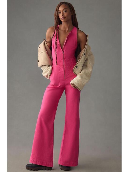 Anthropologie Pants - Anthropologie Maeve NWT Pink Zip Front Wide Leg Jumpsuit Sleeveless Retro Siz 10